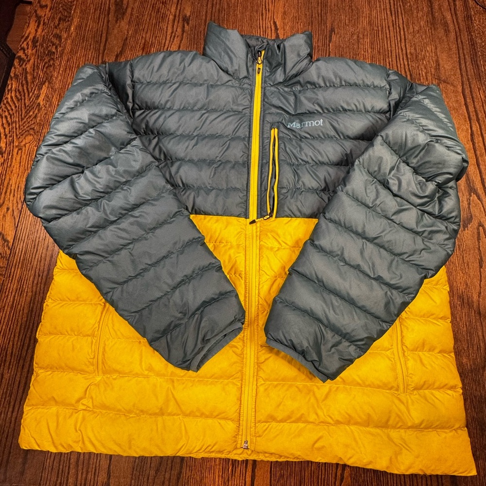 Marmot Down Puffer Jacket – XXL – Gray & Mustard Yellow